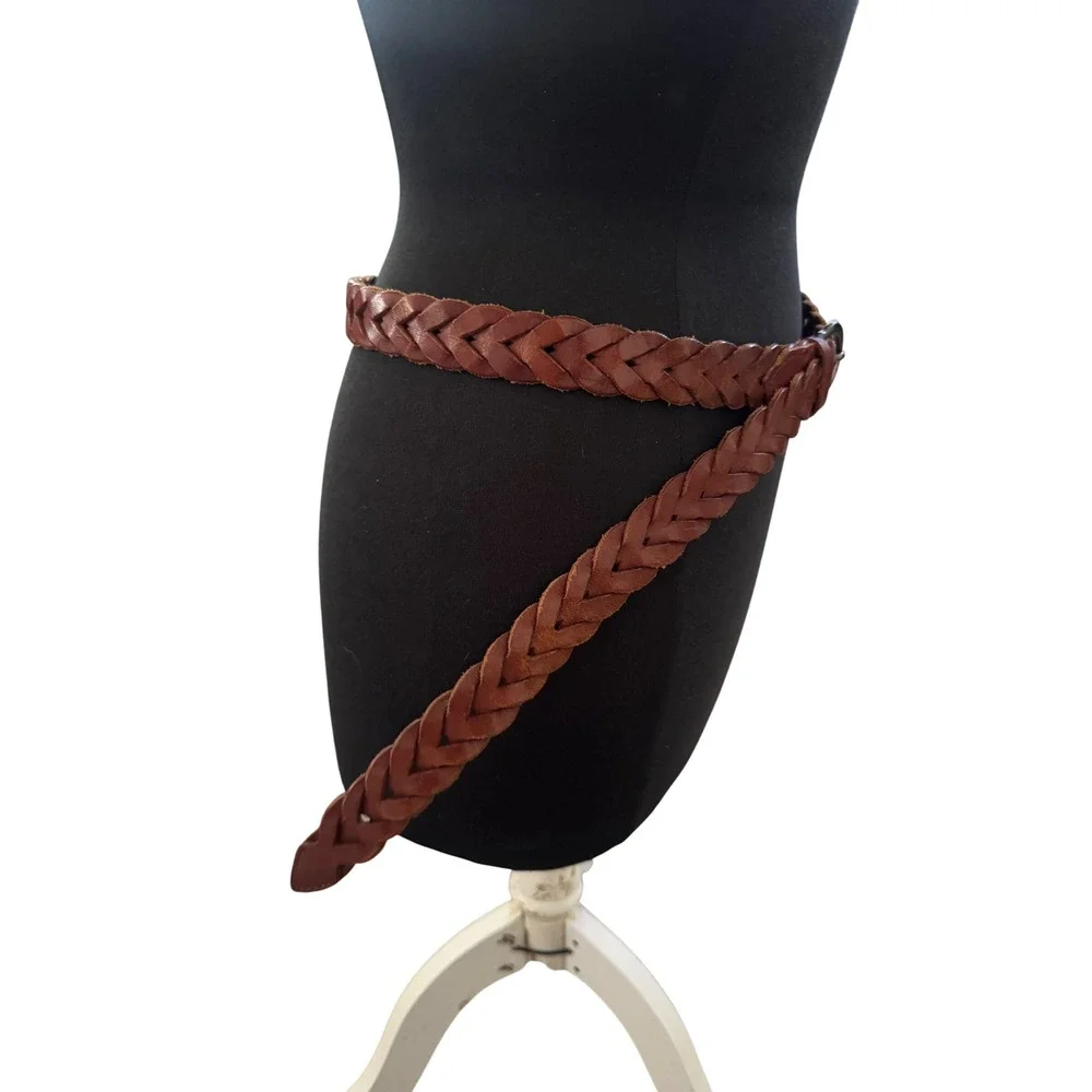 Womens VTG Braided Belt Leather Brass Buckle Boho Western sz 40 no holes Mexico